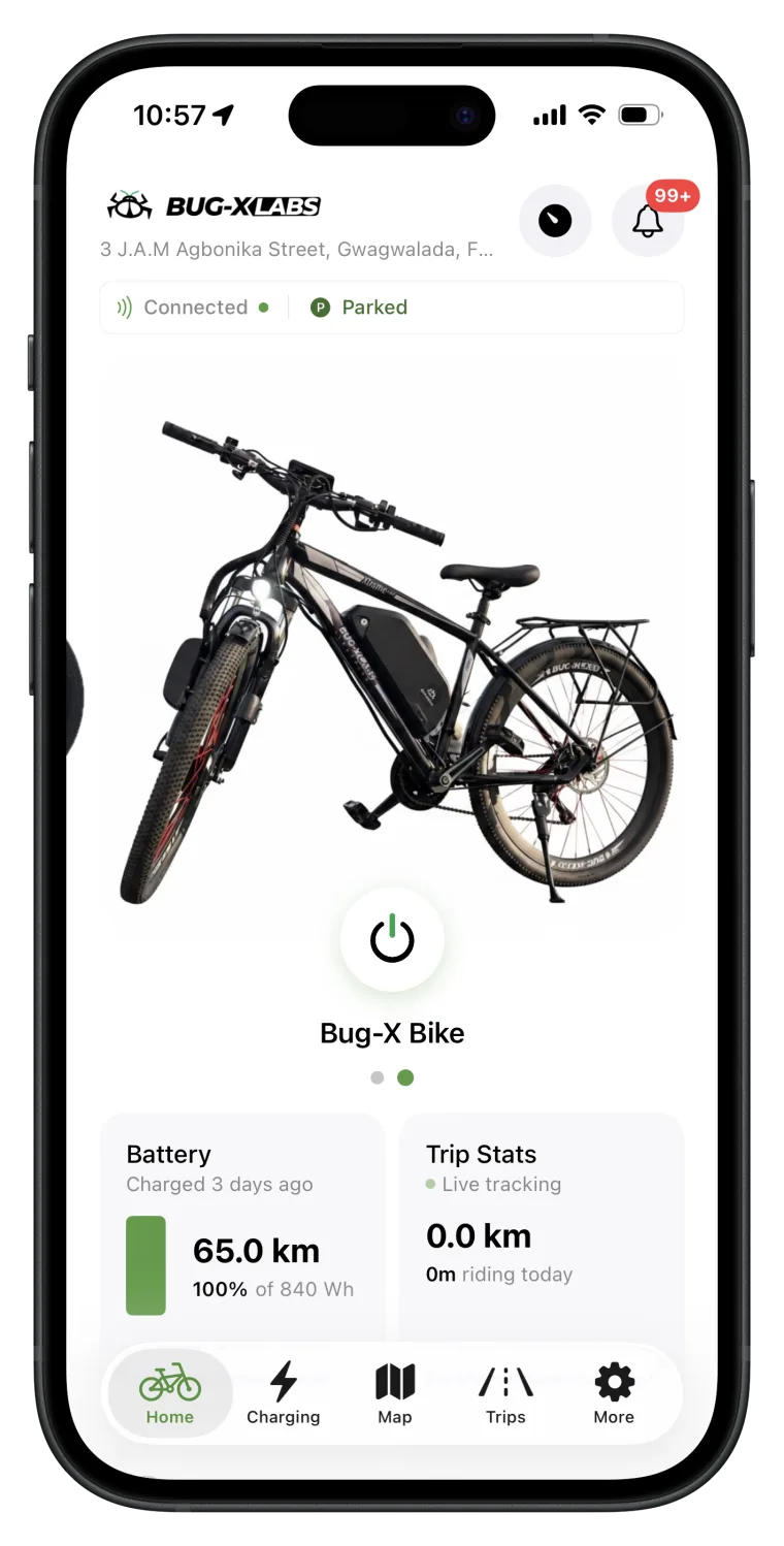 Bug-X mobile app dashboard showing battery status, live location, and travel stats