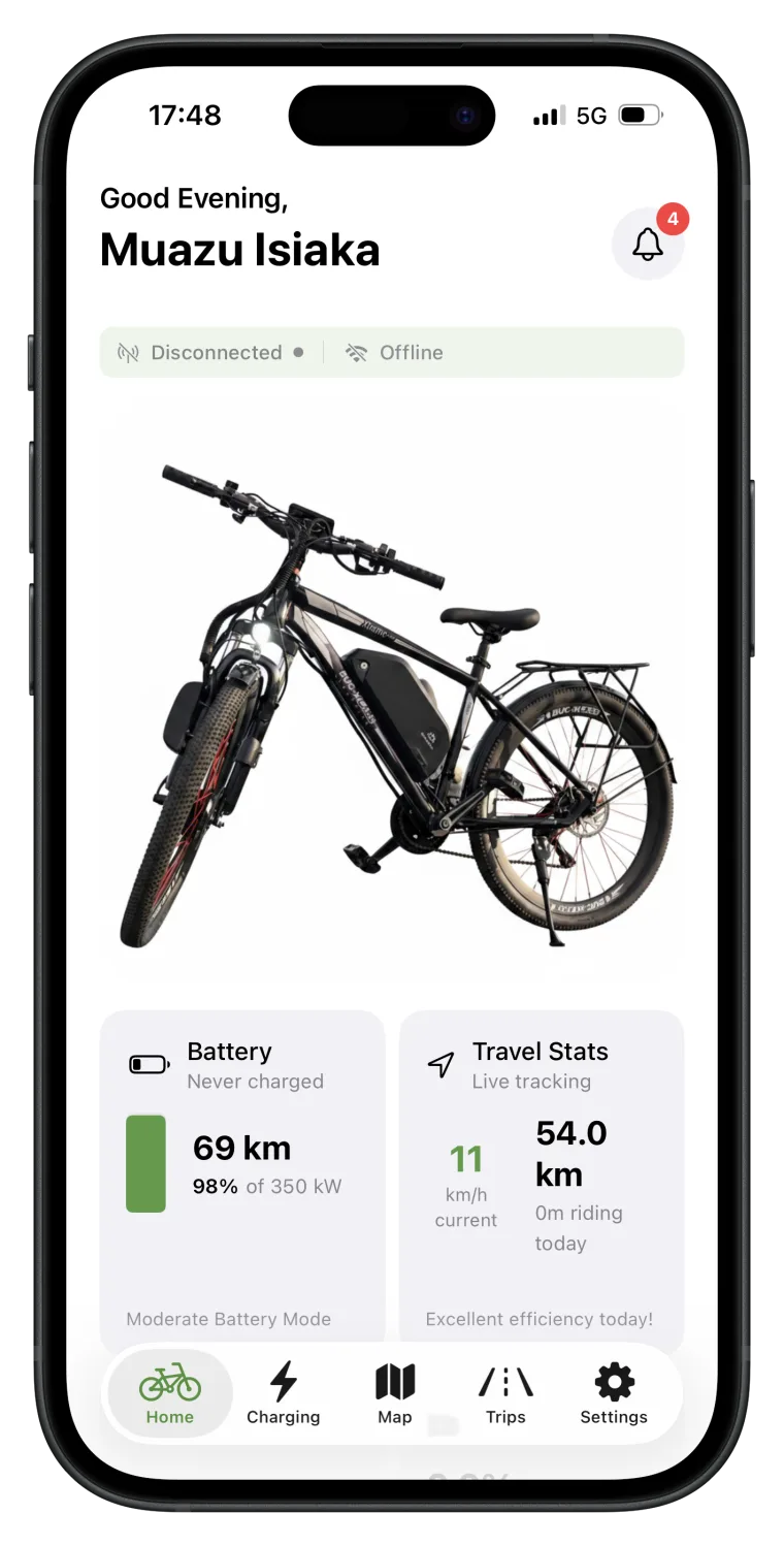 Bug-X mobile app dashboard showing battery status, live location, and travel stats